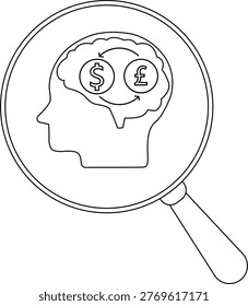 Head silhouette with brain dollar and pound symbols inside a magnifying glass