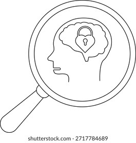 Silueta de la cabeza con el cerebro dentro visto a través de la lupa en forma de corazón candado en el cerebro