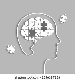 Head silhouette with brain made of jigsaw puzzle but missing pieces concept