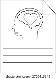Silueta de la cabeza con el corazón del cerebro dentro en una hoja con las líneas y la esquina doblada