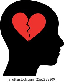 Head Silhouette with Broken Heart Vector Illustration