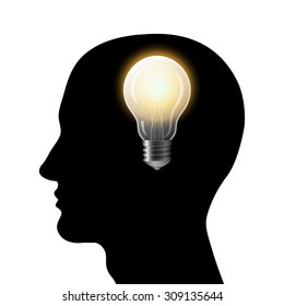 Head silhouette with bulb. Man thinking about new idea. Vector illustration.
