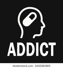 Head silhouette with drug capsule icon. Addiction symbol. Vector.