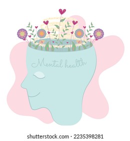 Head silhouette with flowers Mental health Vector illustration