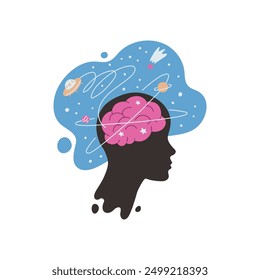 Head silhouette with galaxy space. Cartoon abstract mental health. Face profile with the cosmos as a brain, stars, planets, comets and UFO or spaceship. Vector flat illustration isolated on white