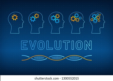 Head silhouette with gear brain evolution concept vector illustration. Face profile with evolving gear mechanism brain, blue, orange dna molecule helix and big sign evolution on tech background