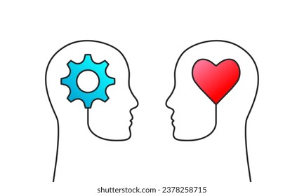 Head silhouette, gear and heart shape symbol. Human mind, thinking, emotional and intelligence quotient. IQ and EQ or right and left brain as cerebral hemispheres concept isolated on white background.