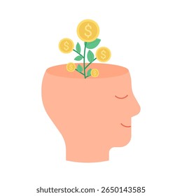 Head silhouette with growth plant and gold dollar money coins. Financial thinking, invest mindset. Vector flat illustration