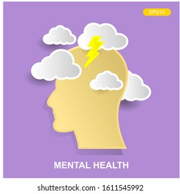 Head silhouette icon with clouds and lightning. Mental health concept illustration .depressive state of mind,anger, bad mood, OCD.paper art design.vector illustration