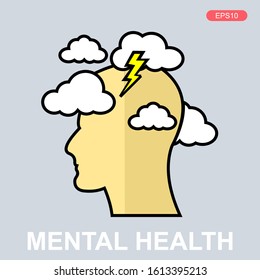 Head silhouette icon with clouds and lightning. Mental health concept illustration .depressive state of mind,anger, bad mood, OCD.vector illustration