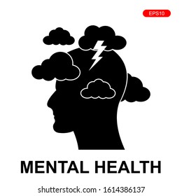 Head silhouette icon with clouds and lightning. Mental health concept illustration .depressive state of mind,anger, bad mood, OCD.vector illustration