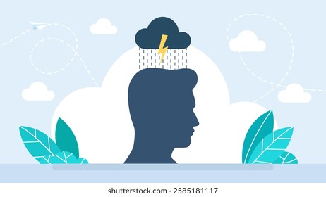 Head silhouette icon with clouds and lightning. Depressive state of mind,anger, bad mood. Mental health concept. Depressed Unhappy Man Feeling. Suffering feeling lonely. Vector illustration