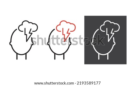 Head silhouette icon with clouds and lightning. Depressive state of mind,anger, bad mood, icon.