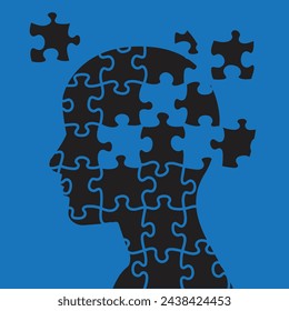 Head silhouette with jigsaw puzzle pieces,vector illustration.Education, knowledge, psychology, memory, logic concept.