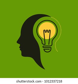 Head silhouette with light bulb inside. Brainstorm and creative idea concept. Vector icon.