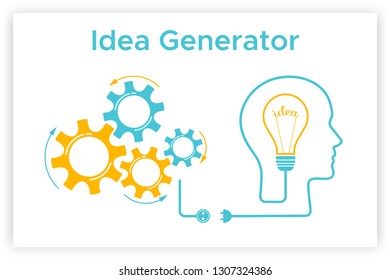 Head silhouette lightbulb creative idea concept vector illustration. Idea generator graphic with head profile, gear mechanismht bulb. Blue human silhouette with orange lightbulb idea concept.