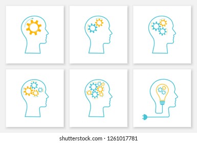 Head silhouette lightbulb inspiration concept set vector illustration. Creative graphic collection with head profile, gear machine and light bulb. Blue human silhouette with gear mechanism concept.