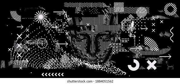 Head silhouette made of pixels and particles. Vector illustration in retrowave cyberpunk style like in old computer graphics of 80s years.