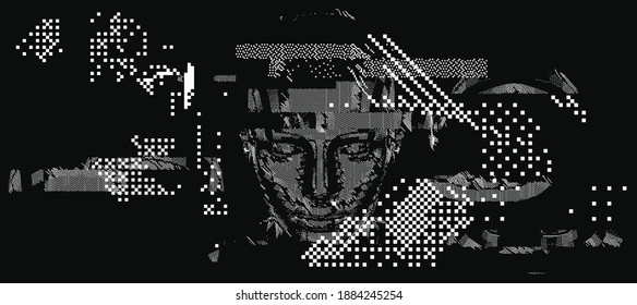 Kopfsilhouette aus Pixeln und Partikeln. Vektorgrafik im Retrowave-Stil wie in alten Computergrafiken der 80er Jahre.