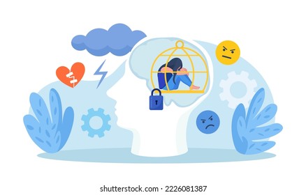 Head silhouette with mental trap as closed cage. Psychological mindset problem as feeling like trapped in birdcage. Stuck in comfort zone. Personal growth issue. Person with distorted world view