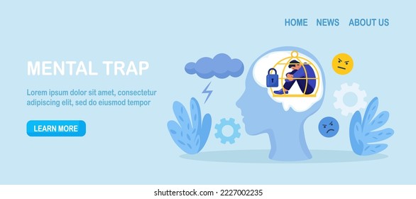 Head silhouette with mental trap as closed cage. Psychological mindset problem as feeling like trapped in birdcage. Stuck in comfort zone. Personal growth issue. Person with distorted world view