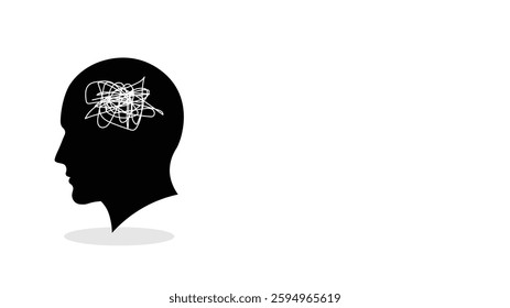head silhouette with messy mind, black and white vector, mental health illustration