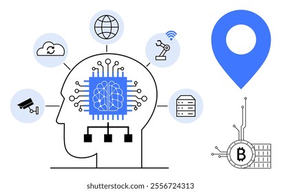 A head silhouette with a neural network-themed chip surrounded by icons representing cloud storage, globe, robot arm, surveillance camera, server, location pin, and cryptocurrency. Ideal for