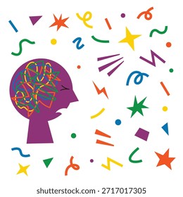 Silueta de la cabeza en ambiente sobreestimulante con sobrecarga sensorial. Autorregulación, afrontamiento y relajación para personas sensibles. Concepto de espectro de neurodiversidad. Ilustración vectorial.