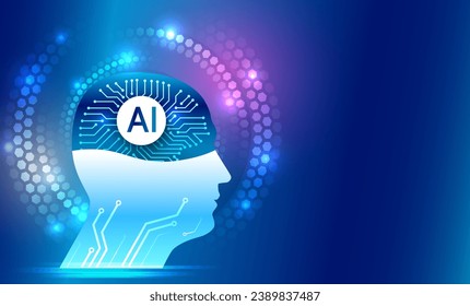 Head silhouette with particles on a dark blue background, data analysis, data science. The abstract face of artificial intelligence. Digital brain, vector software digital code. Network interpretation