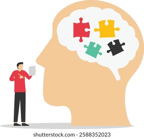 Head silhouette with puzzle pieces. Personality differences and individual thinking styles. Social community with different emotions, behavior. Flat vector illustration.

