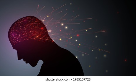 Head silhouette with red glowing brain mesh and sparks