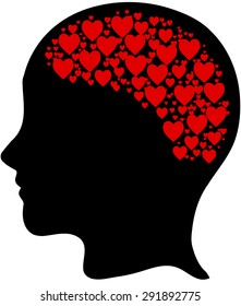 Head silhouette with red hearts brain - vector illustration