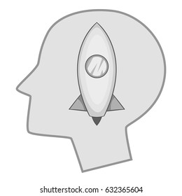 Head silhouette with rocket inside icon in monochrome style isolated on white background vector illustration