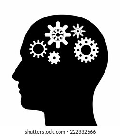 Head silhouette with set of gears. Brain - idea and innovation concept