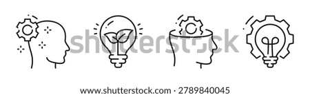 Head silhouette showing gear and light bulb concepts. Editable stroke