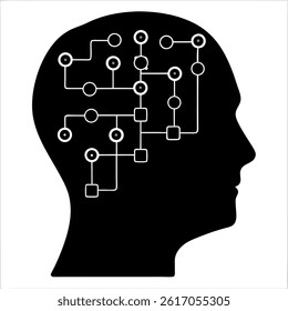 Head silhouette showing a network of white circuits and nodes inside, symbolizing connectivity and processing on transparent background.