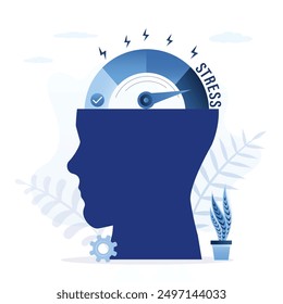 Head silhouette with stress and anxiety meter. High level of exhausted and fatigue from work causing depressed, mental illness. Stress level or tired meter rising and reaching maximum in brain. vector