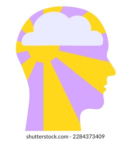 Silhouette de cabeza con sol y una nube cerebral. Ilustración de felicidad.