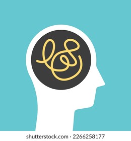 Head silhouette with tangled mind. Confusion, problem, mental disorder, tiredness, creativity and creative process concept. Flat design. EPS 8 vector illustration, no transparency, no gradients