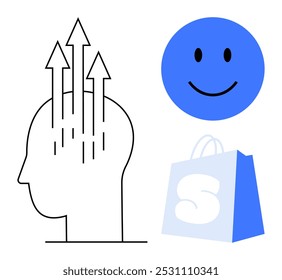 Silueta de la cabeza con flechas hacia arriba, una cara feliz azul y una bolsa de compras. Ideal para temas de positividad, salud mental, marketing digital, compras en línea y satisfacción del Cliente. Limpio y sencillo