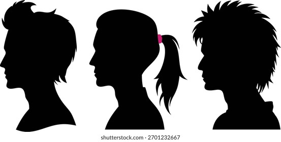 As silhuetas de cabeça apresentam três perfis distintos com penteados variados que representam diversidade e individualidade em um gráfico simples, mas impressionante, perfeito para ícones ou elementos de design.