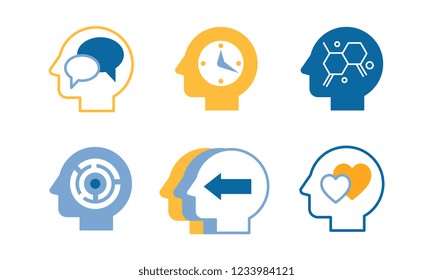 Head silhouettes with ideas in their heads, human thoughts and emotions, side view vector Illustration