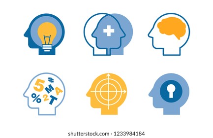 Head silhouettes with ideas in their heads set, human thoughts and emotions, side view vector Illustration