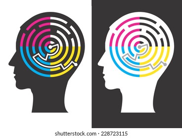 Head silhouettes with Labyrinth of print colors. Head silhouettes with Labyrinth of print colors symbolizing successful solution of color printing. Vector illustration. 