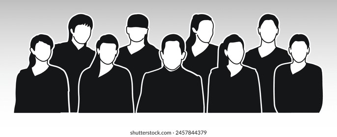 Head silhouettes of men and women. Spectators, audience, beholder, viewer, onlooker