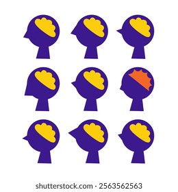 Head silhouettes with one unique brain. Neurodiversity spectrum awareness concept. Cognitive differences inclusion vector flat illustration.