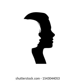  Head silhouettes of  woman and girl in profile, vector avatar,  black color, isolated on white background