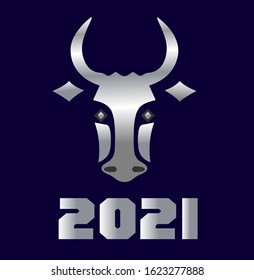 Head of a silver bull on a blue background with the date of the new year