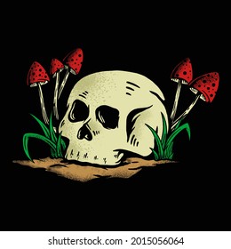 Head skeleton with mushroom plant, for design tshirt and merch