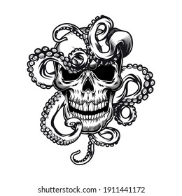 Head of skeleton with tentacles tattoo template. Monochrome element with octopus in pirate skull vector illustration. Sea life concept for symbols and emblems design